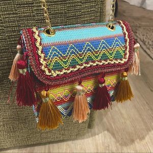 NWT Women's Bohemian Tassel Gold Chain Shoulder Purse Handbag Colorful